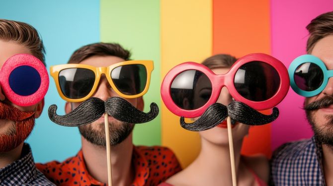 Funny sunglasses props at a photo booth.