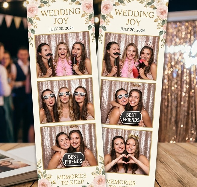 Custom wedding photo booth film strips.
