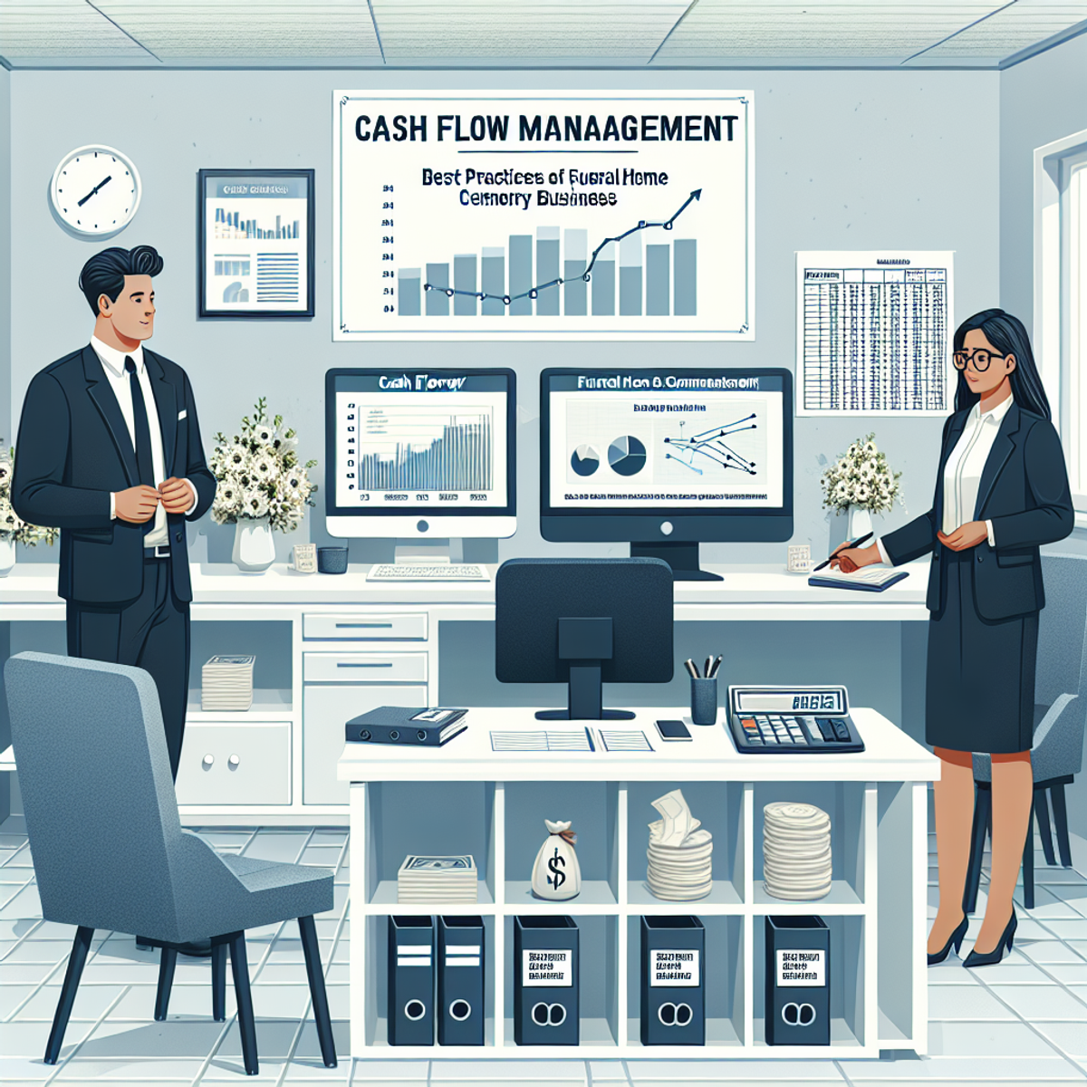 a man and a woman standing in front of a cash flow management poster