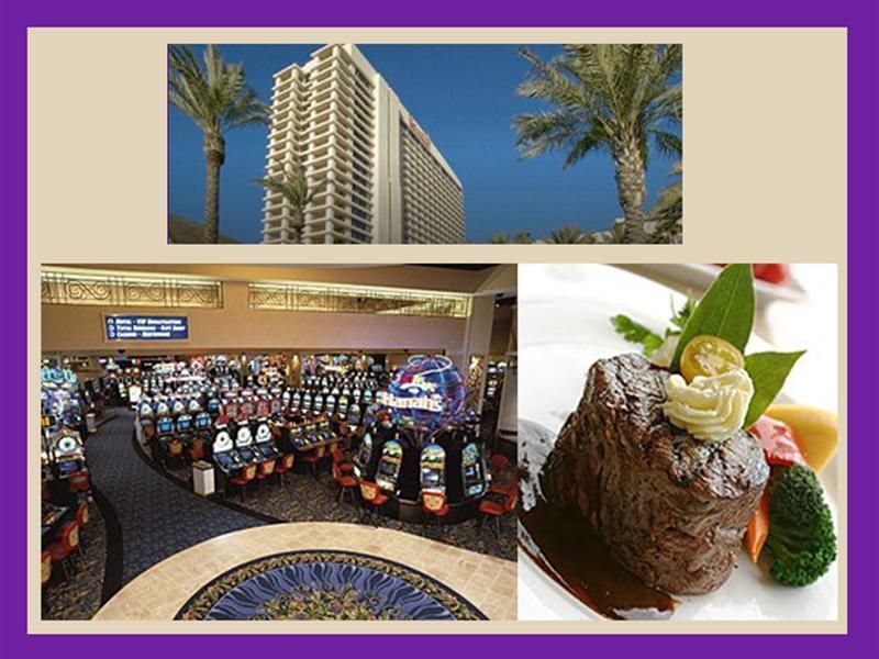 Hotel exterior, casino interior with slot machines, and steak with vegetables.