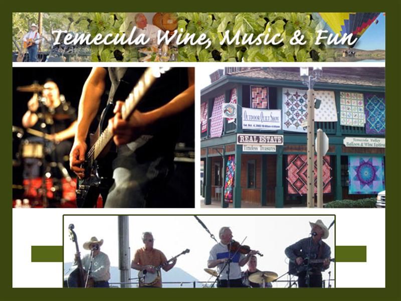 Temecula Wine, Music & Fun event: Band playing guitar and drums, building with quilts, bluegrass band performing.