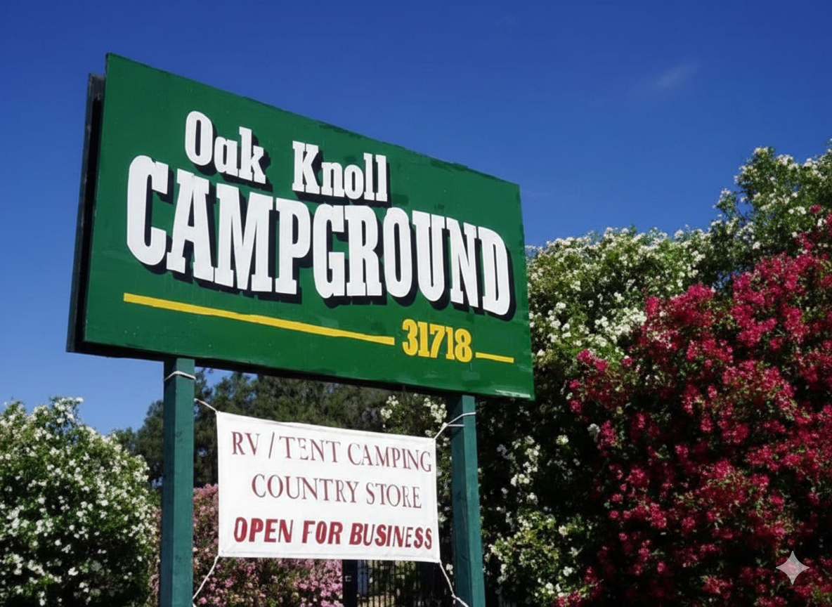 Green sign for Oak Knoll Campground; white text, under blue sky, with RV/tent camping and country store advertised.