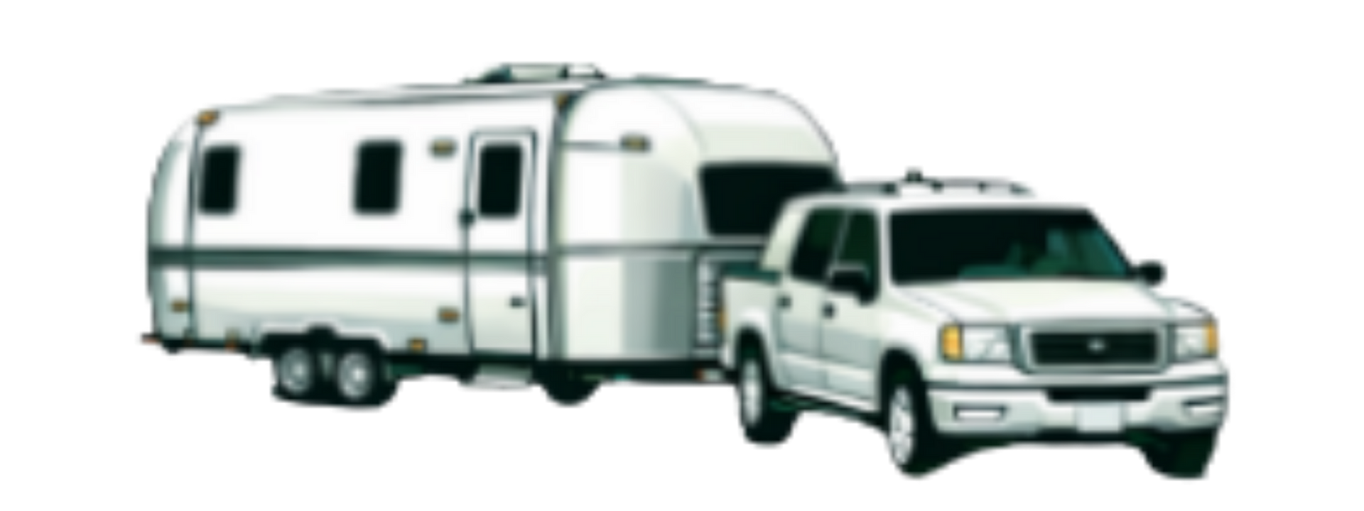 A white truck towing a silver travel trailer on a white background.