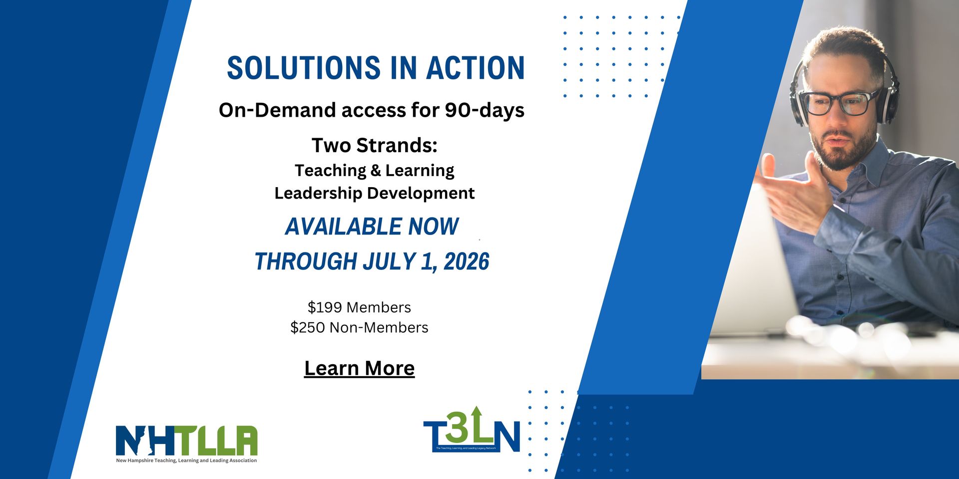 Promotional banner for on-demand team learning, with a man using a laptop and blue-white text and logos.