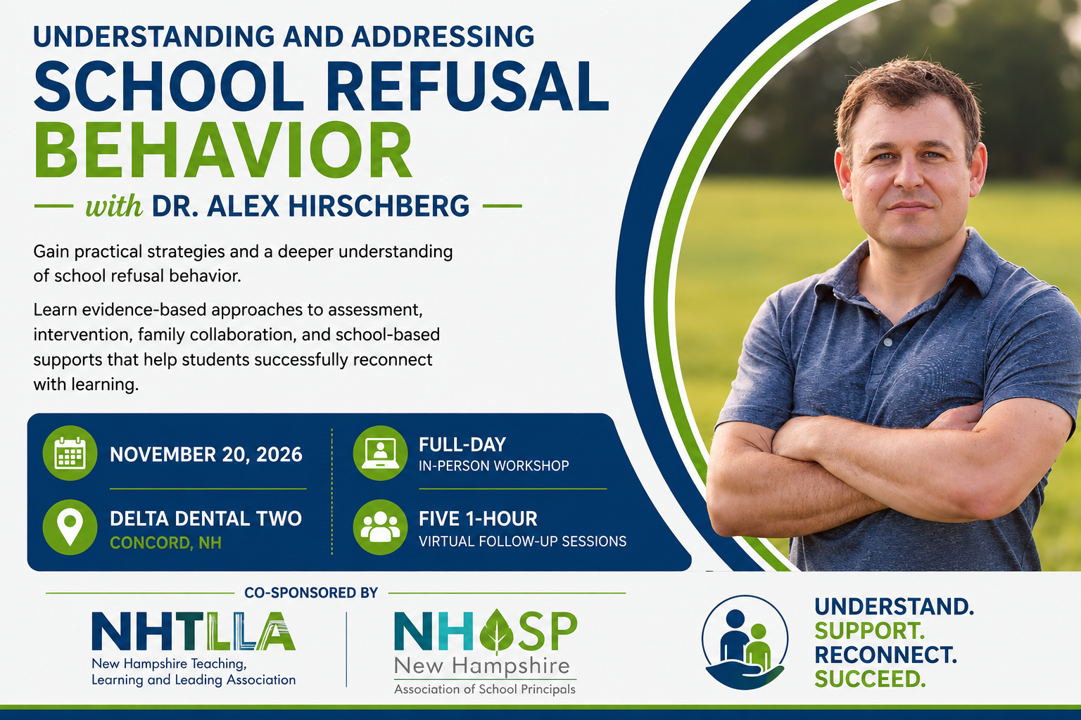 School refusal behavior webinar flyer with Dr. Alex Hirschberg, blue and white design, event details and logos