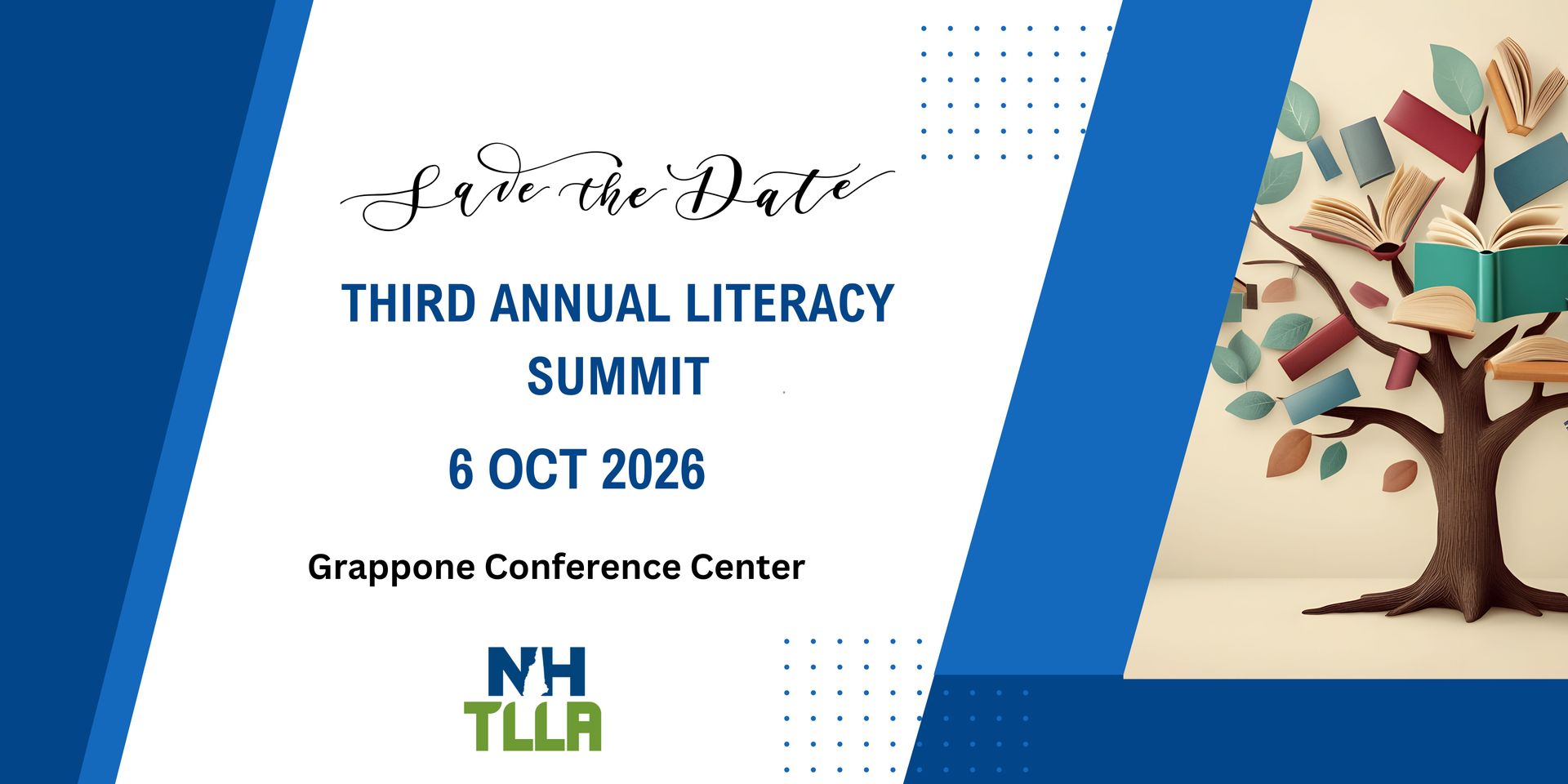 Blue event poster for the Third Annual Literacy Summit, 6 Oct 2026, with books in a tree and NH TLLL logo.