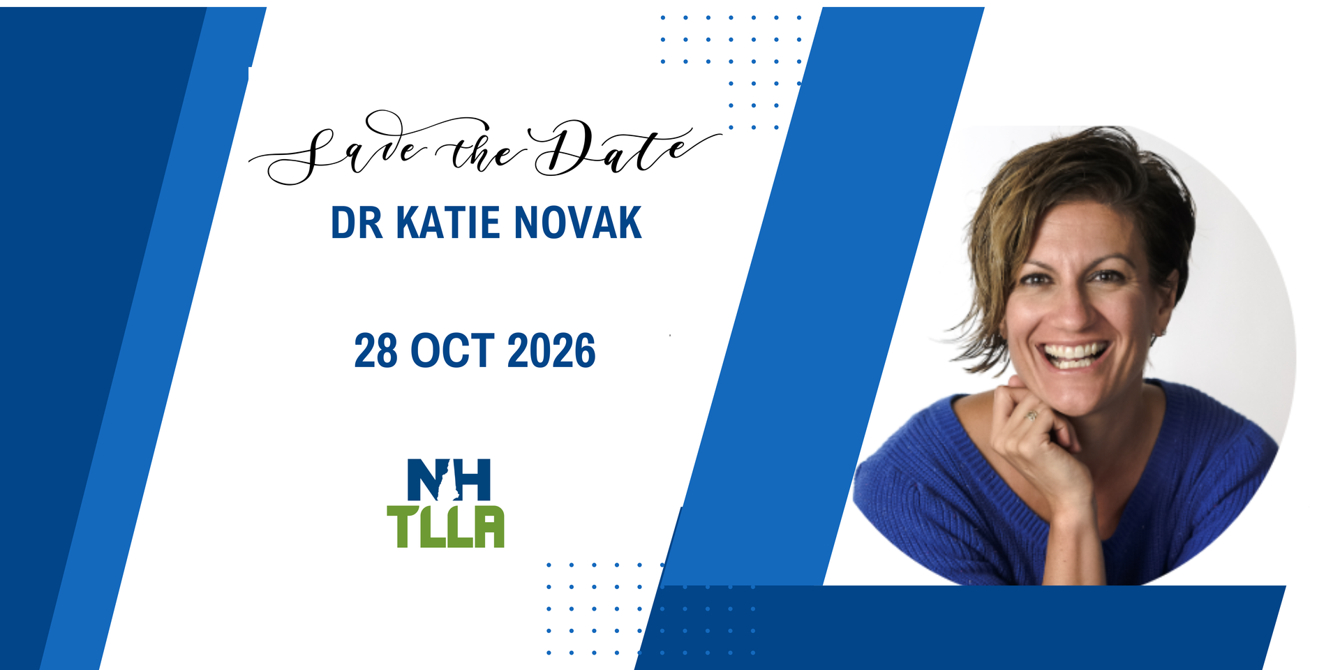 Dr. Katie Novak event flyer with date, NH TLLA logo, and smiling portrait on blue and white background