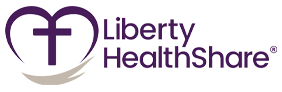 The logo for liberty health share is a purple heart with a cross in the middle.