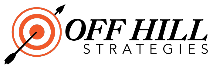 The logo for off hill strategies shows a target with an arrow in it.