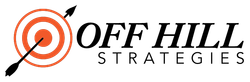 The logo for off hill strategies shows a target with an arrow in it.