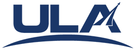 A blue and white logo for ula on a white background