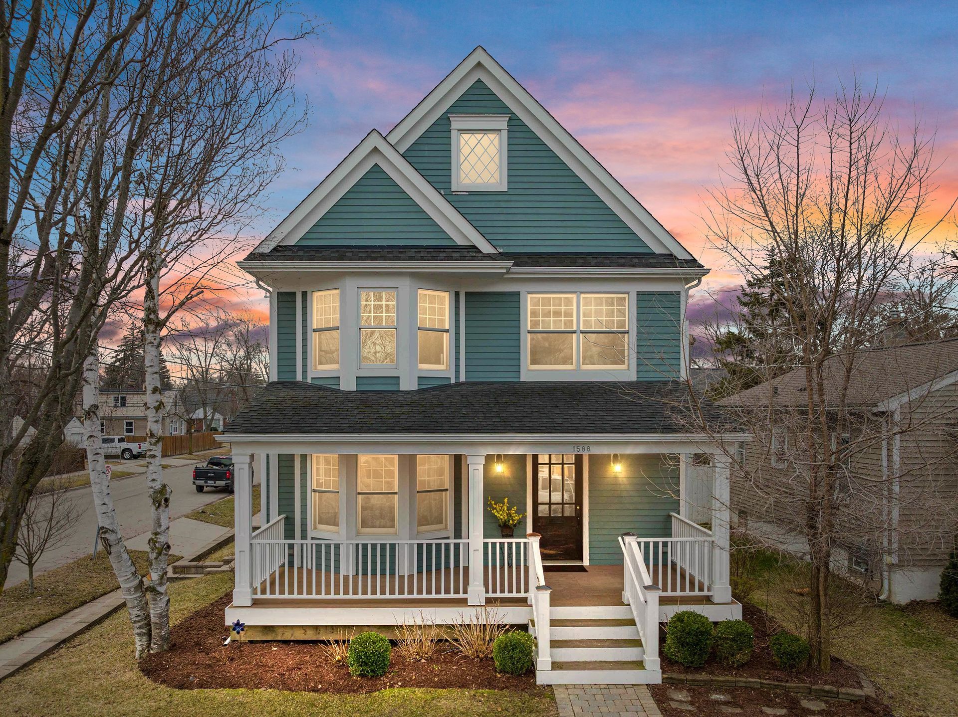 Drone photo of exterior of three-story home