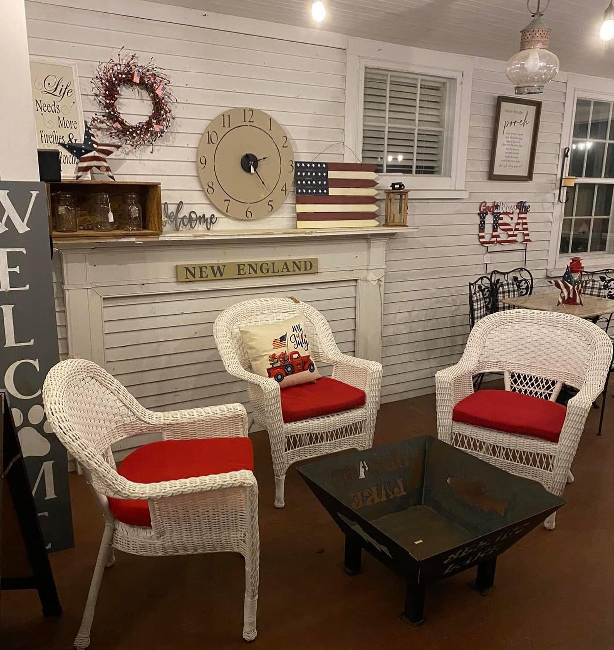 A room with chairs and a clock that says new england
