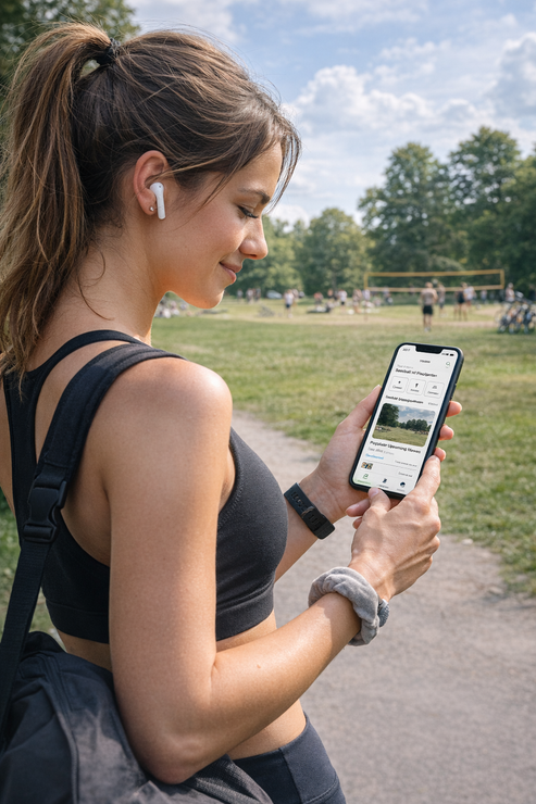 Woman in a park checking a fitness app on her phone while wearing wireless earbuds