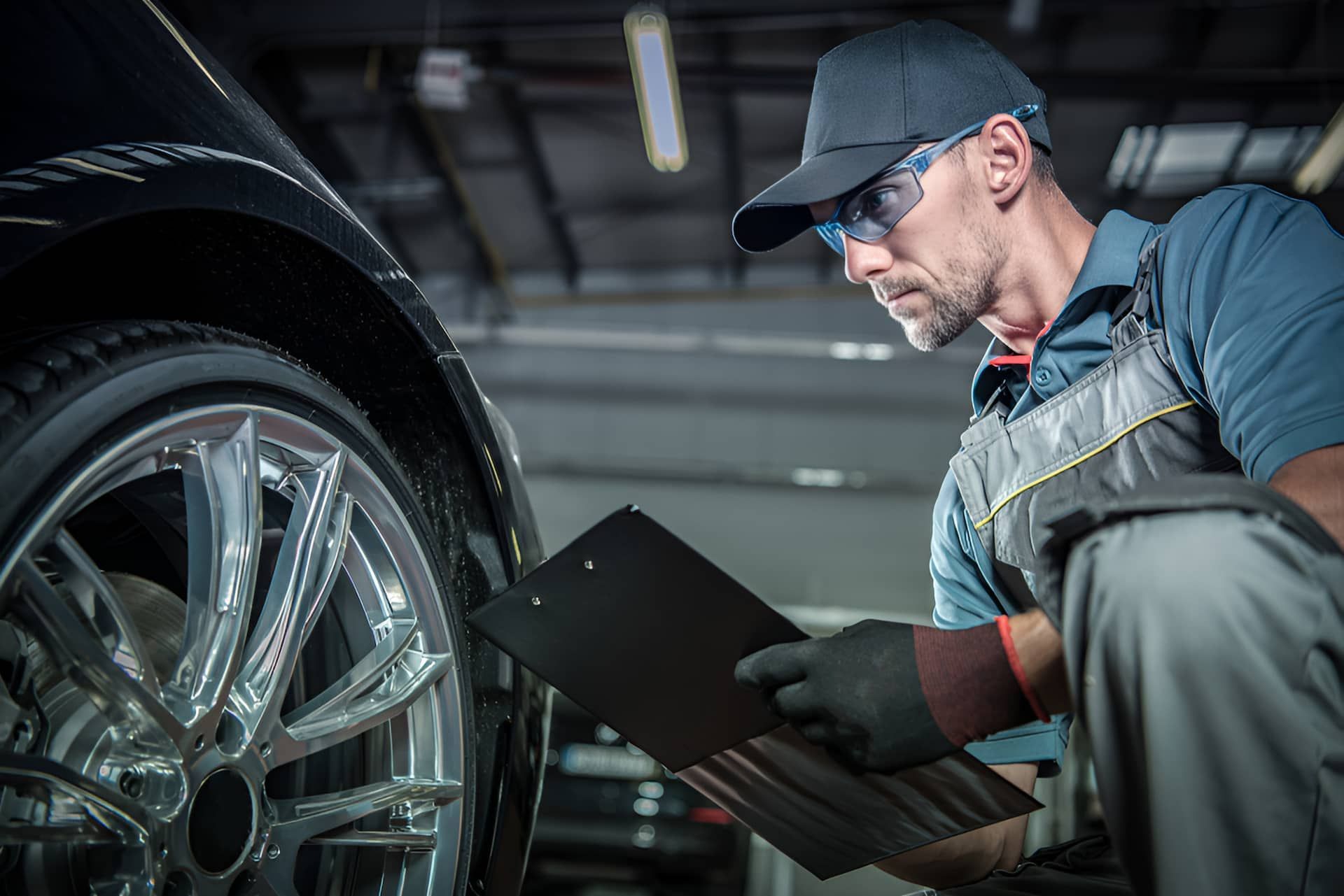 A Man Is Working On A Car In A Garage And Looking At A Clipboard — Cameron Brothers Automotive In Currajong, QLD
