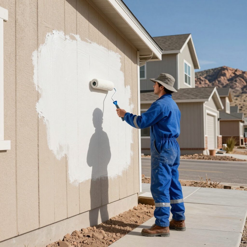 A person in a blue jumpsuit and hat uses a paint roller to apply white paint to a beige house exterior.