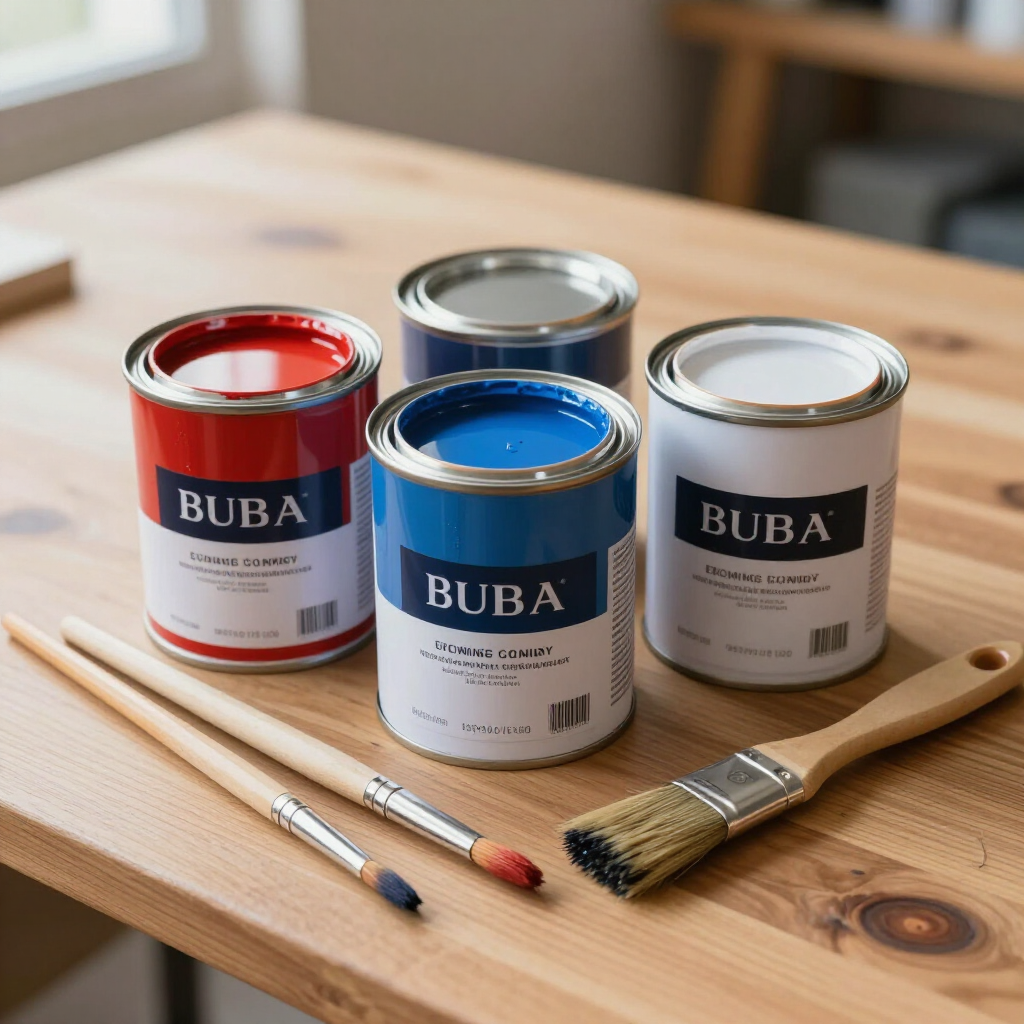 Three Buba paint cans in red, blue, and white sit on a wooden table next to two paintbrushes.