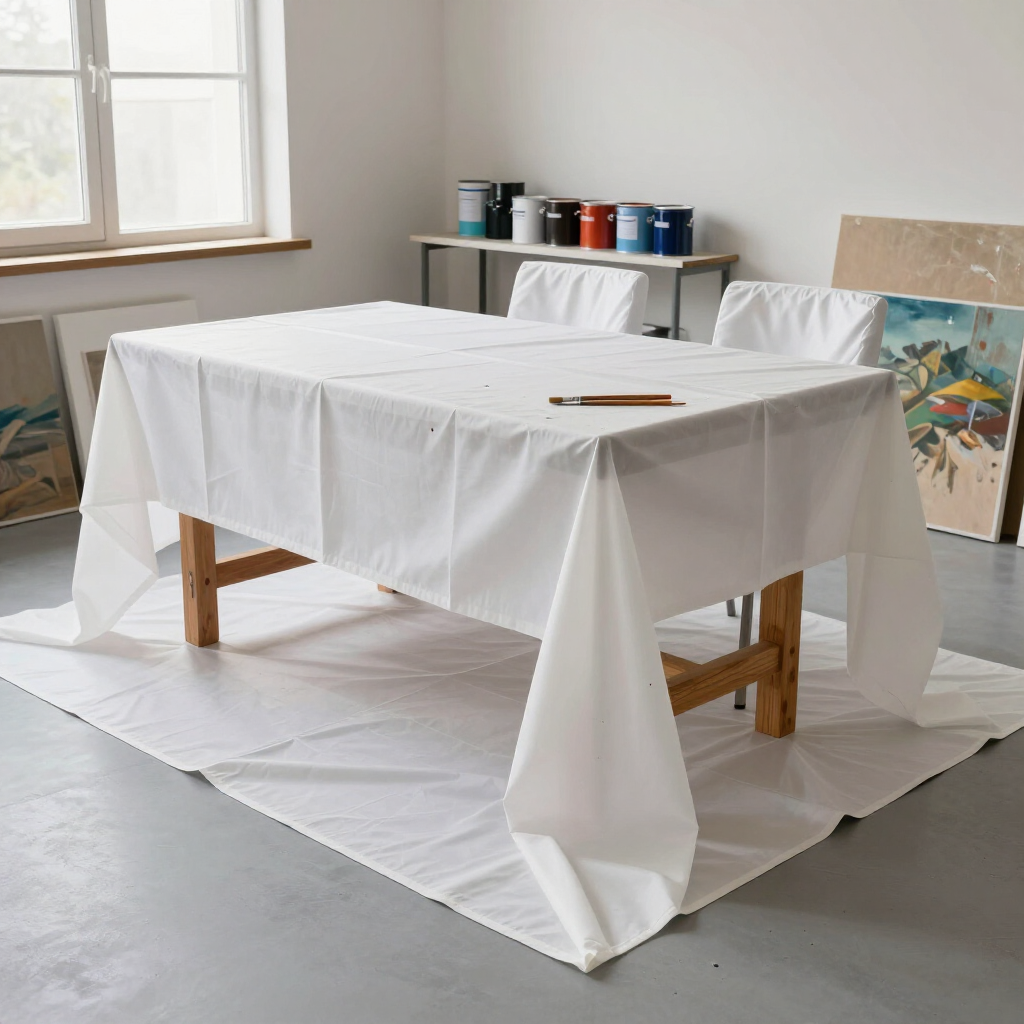 A table covered in a white cloth sits in a studio space, with a paintbrush on top and paint cans on a shelf behind.