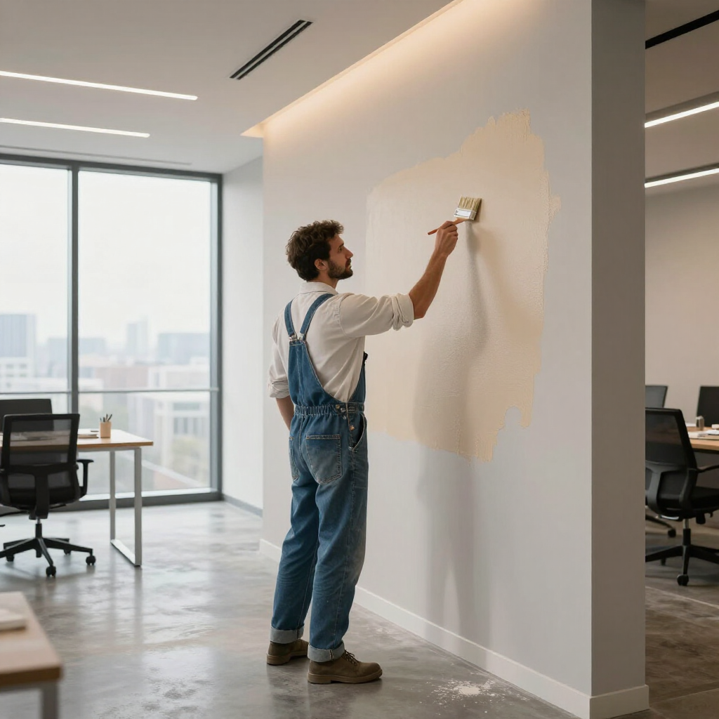 A person wearing blue overalls paints a light patch on an office wall with a brush.