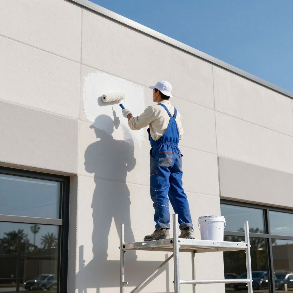 A person wearing a white cap and blue overalls uses a roller to paint a white section on a beige exterior wall.