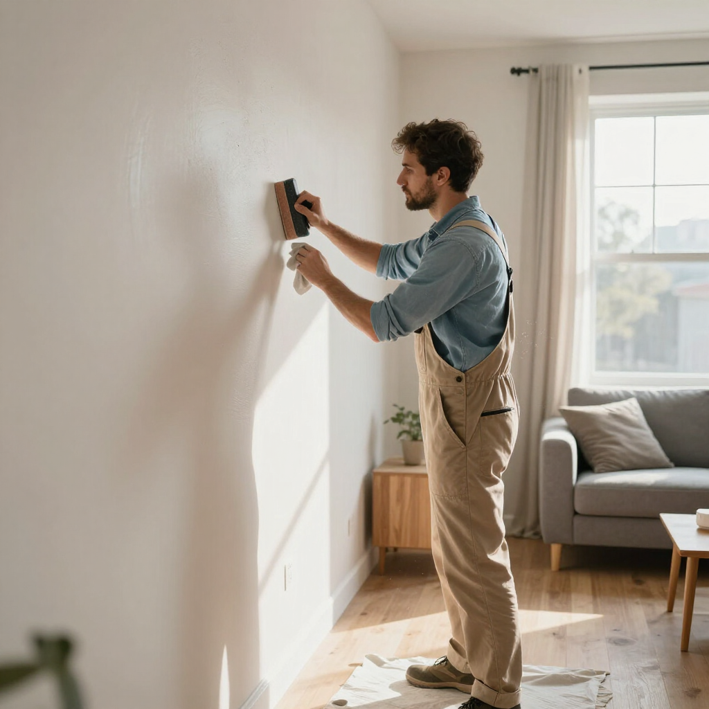 A person in work overalls uses a sanding block to smooth a light-colored wall in a bright, modern living room.