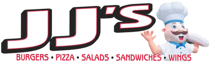 A logo for jj 's burgers , pizza , salads , sandwiches , wings