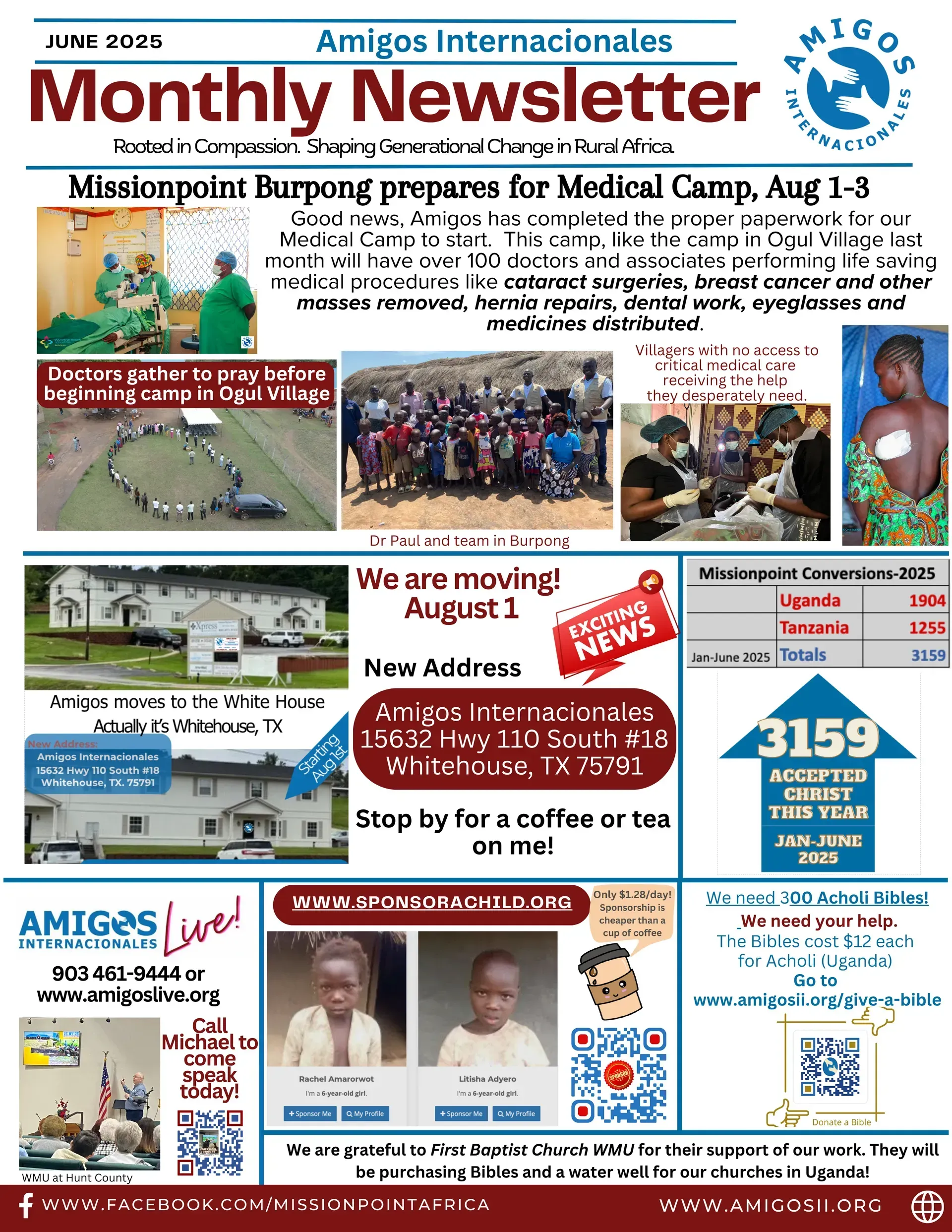 Monthly newsletter with photos. Highlights include medical camp preparation and new address information.