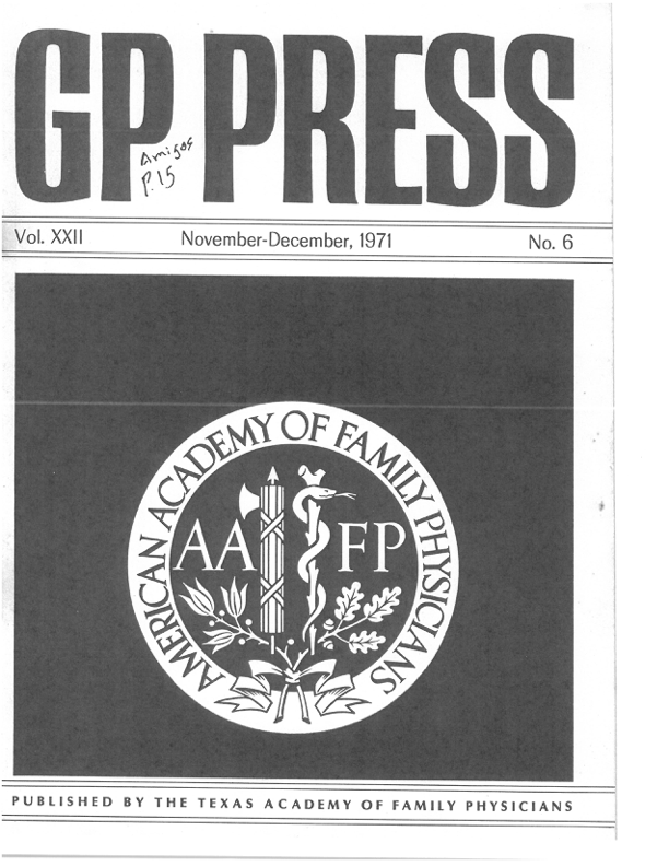 A 1971 issue of GP Press, the newsletter of the Texas Academy of Family Physicians, featuring the AAFP logo.