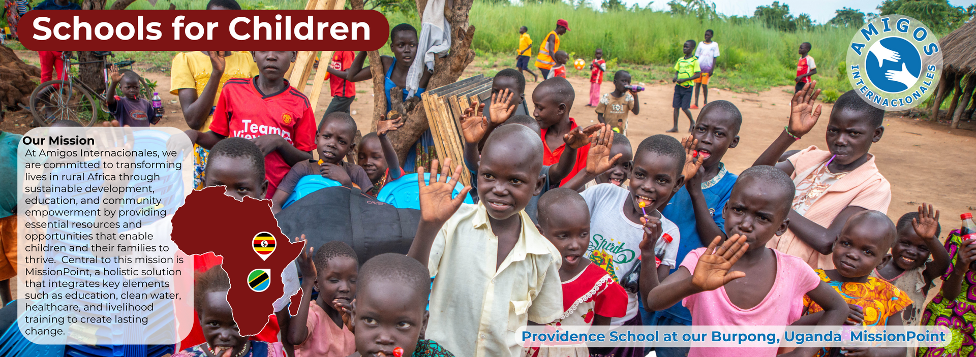 A group of children are standing in front of a sign that says schools for children