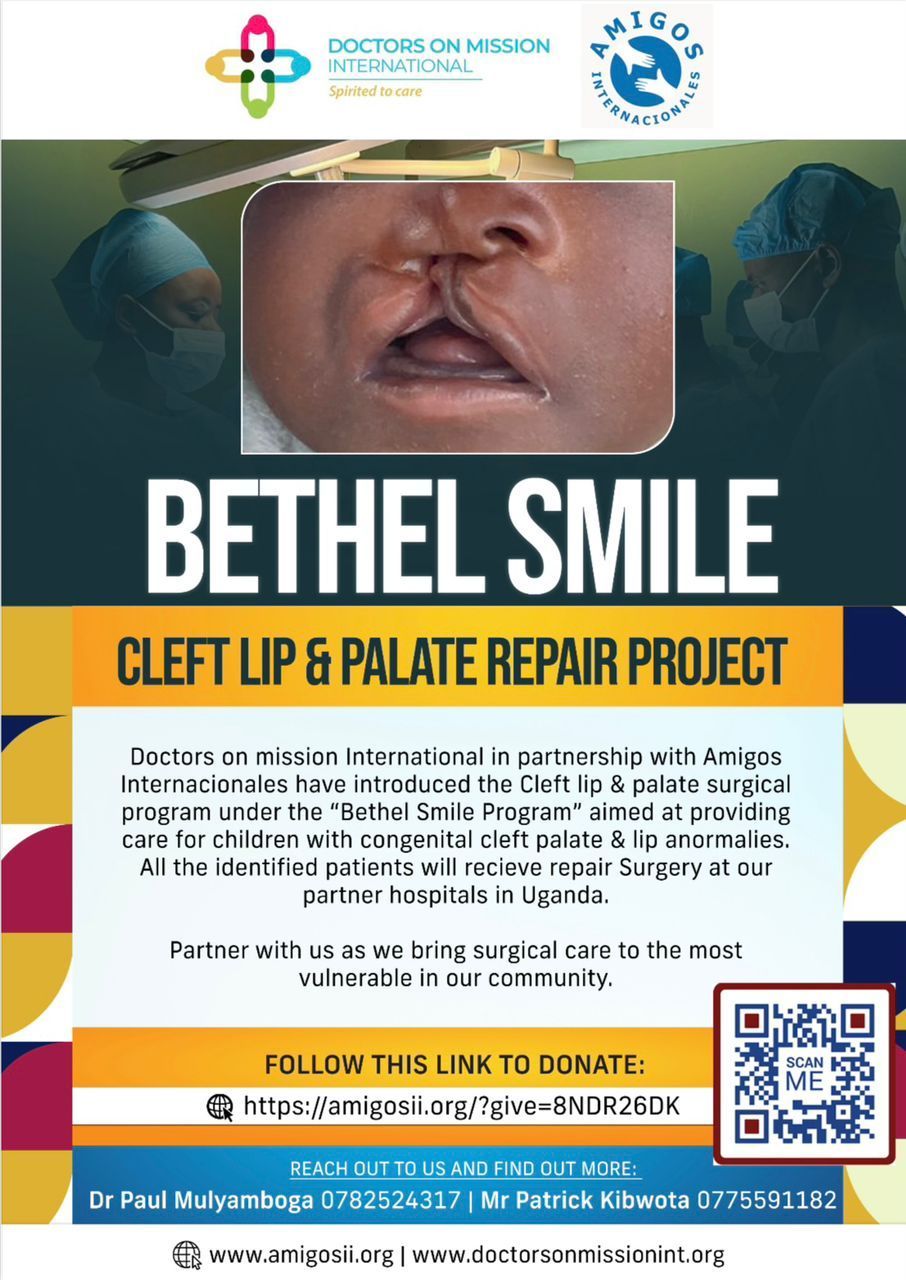 Poster for Bethel Smile Cleft Lip & Palate Repair Project, featuring a child's face, text, and donation link.