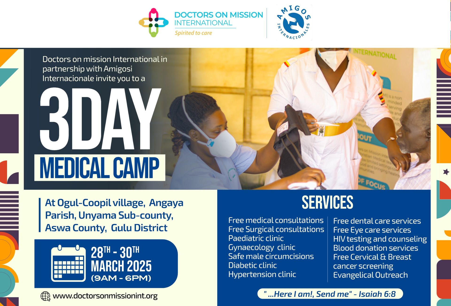 A poster for a 3 day medical camp with a nurse and a patient