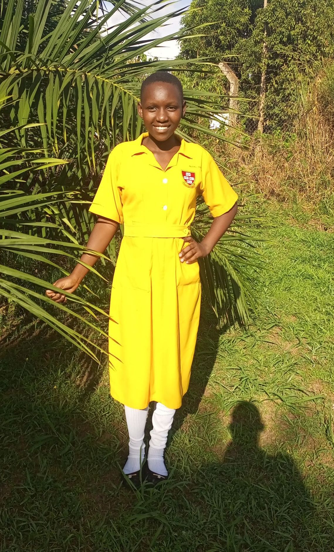 A young girl in a yellow dress is standing in the grass.