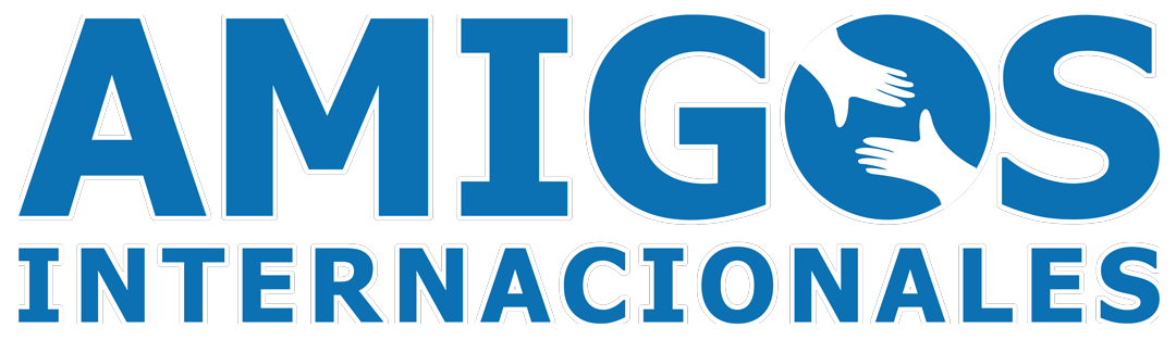 A blue logo for amigos internacionales on a white background