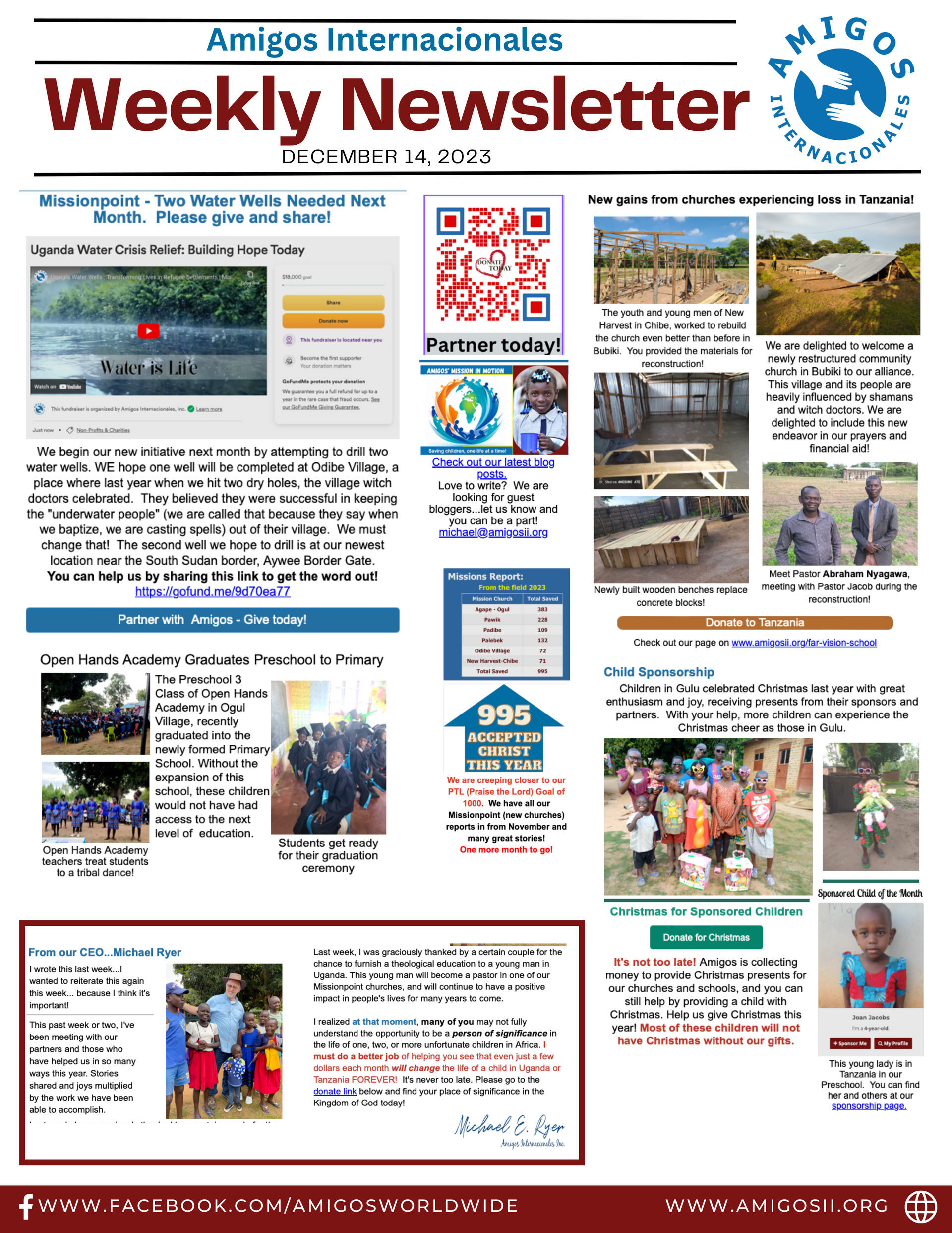 a weekly newsletter from amigos internacionales is dated december 14th