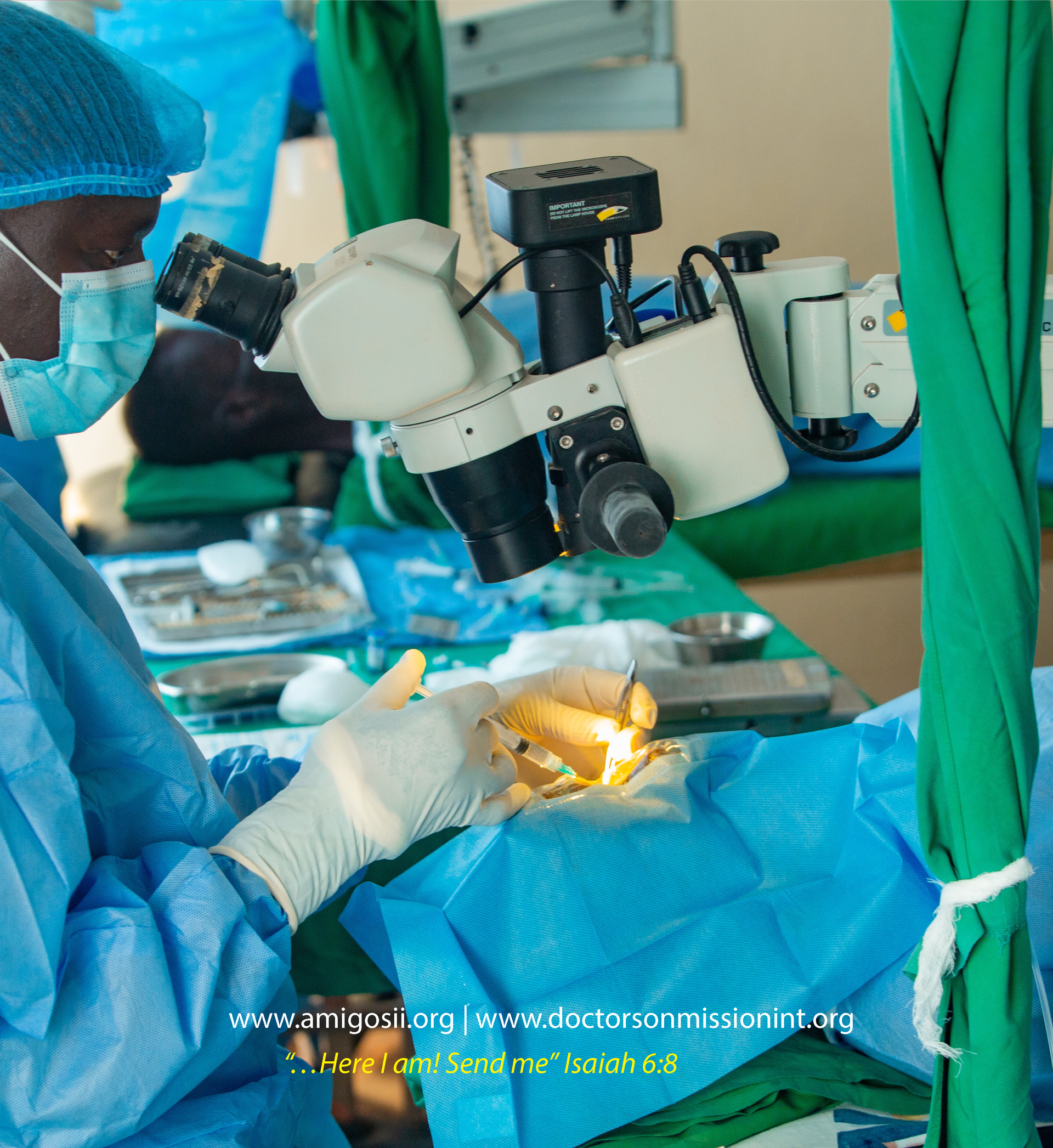 Surgeon performing eye surgery using a microscope. Operating room setting, surgical drapes and instruments visible.