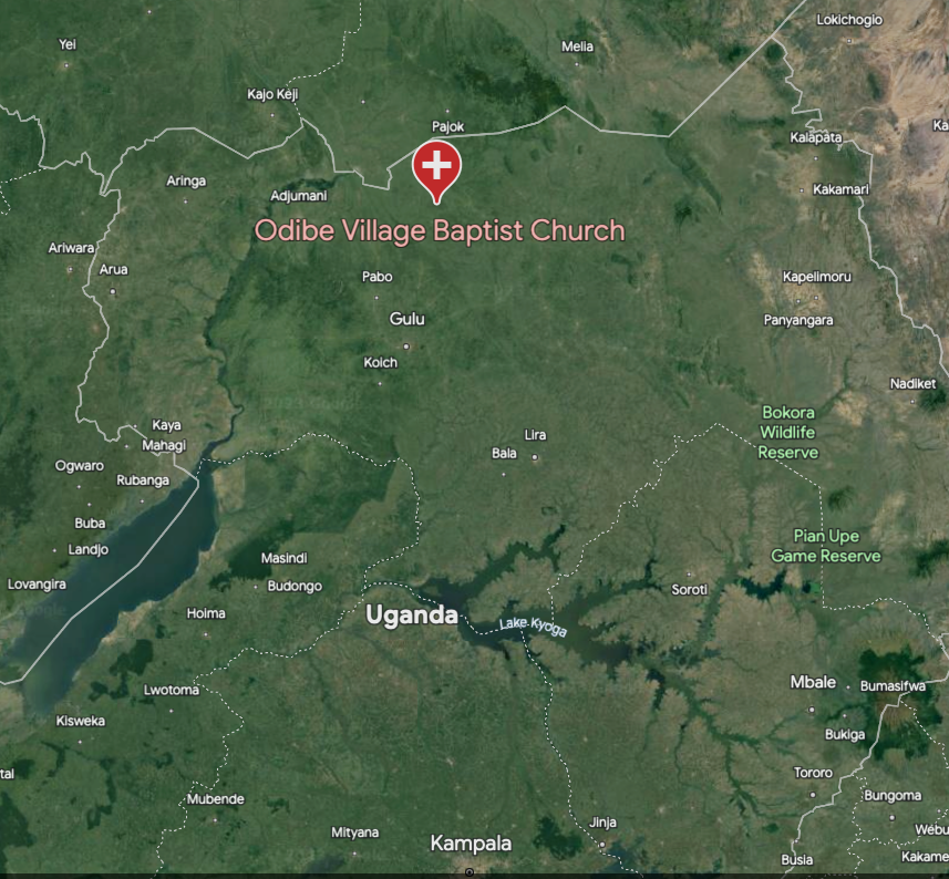 Ugandan Map showing site of Odibe Village Baptist Church
