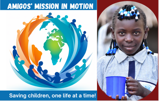 a poster for amigos mission in motion shows a girl holding a cup
