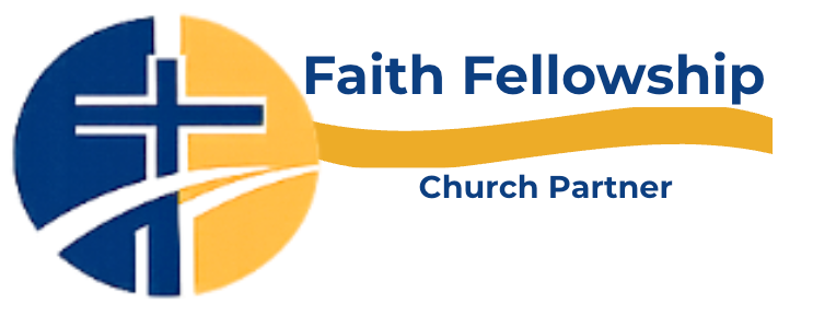 Logo of Faith Fellowship Church Partner with a cross design. Blue and gold colors.