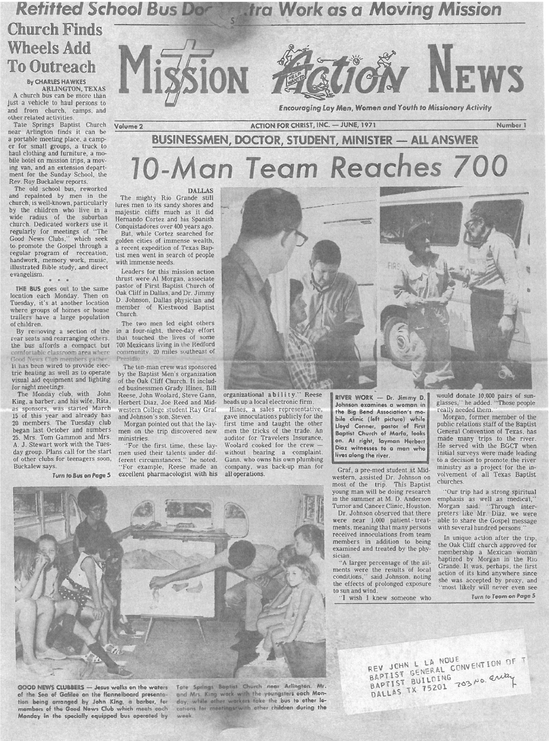 A black-and-white newspaper page titled Mission Action News, featuring articles and photos about religious outreach.