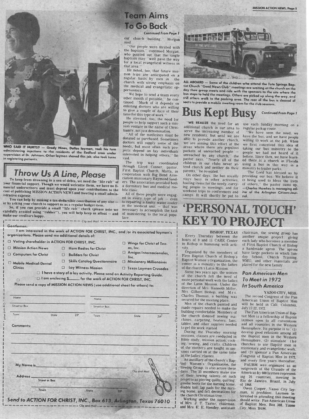 A black-and-white newspaper page featuring headlines, articles, a photo of a bus, and a donation form.