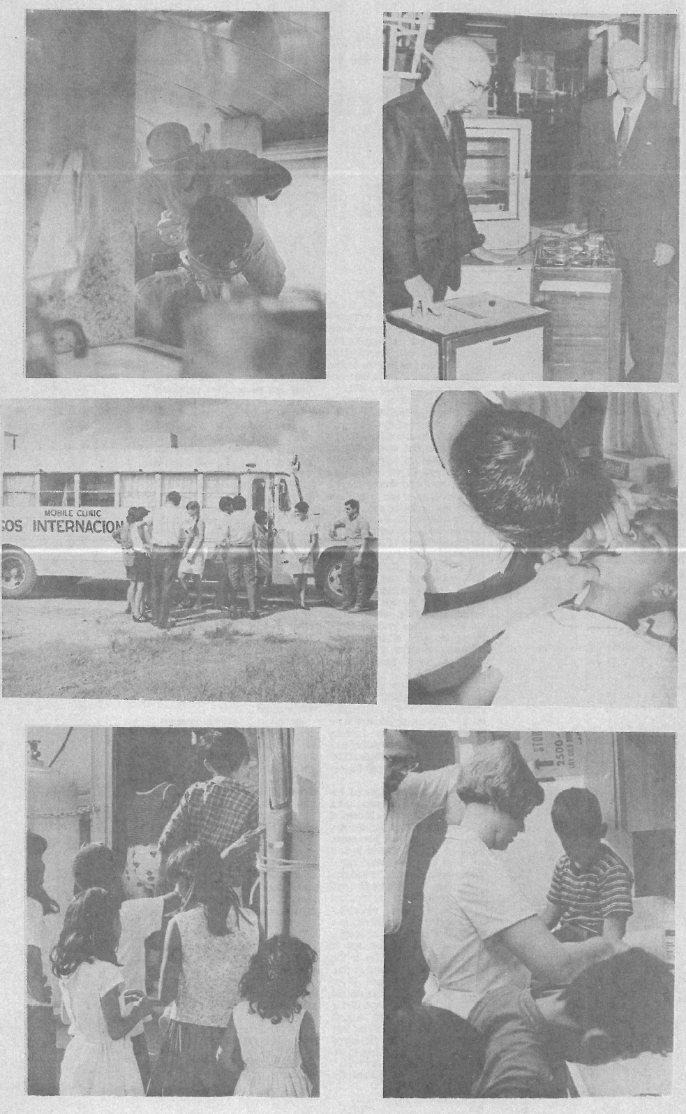 A montage of six black-and-white photos showing people engaged in community health, education, and social services.