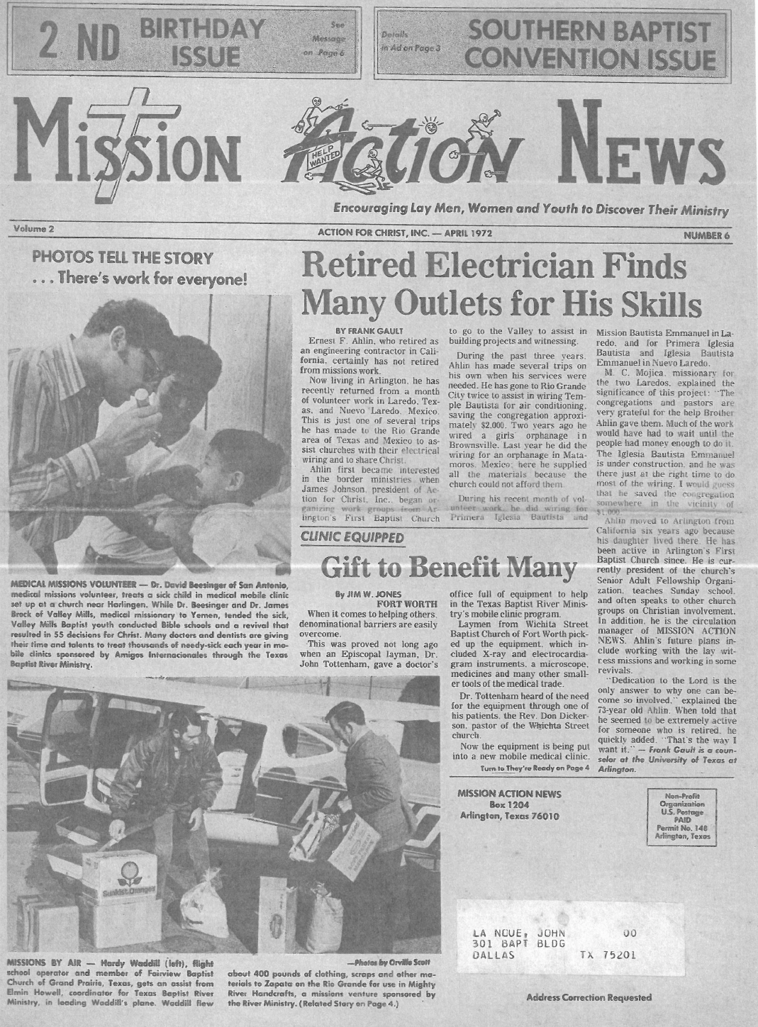 A 1976 issue of Mission Action News featuring articles about mission work and photographs of people serving the community.