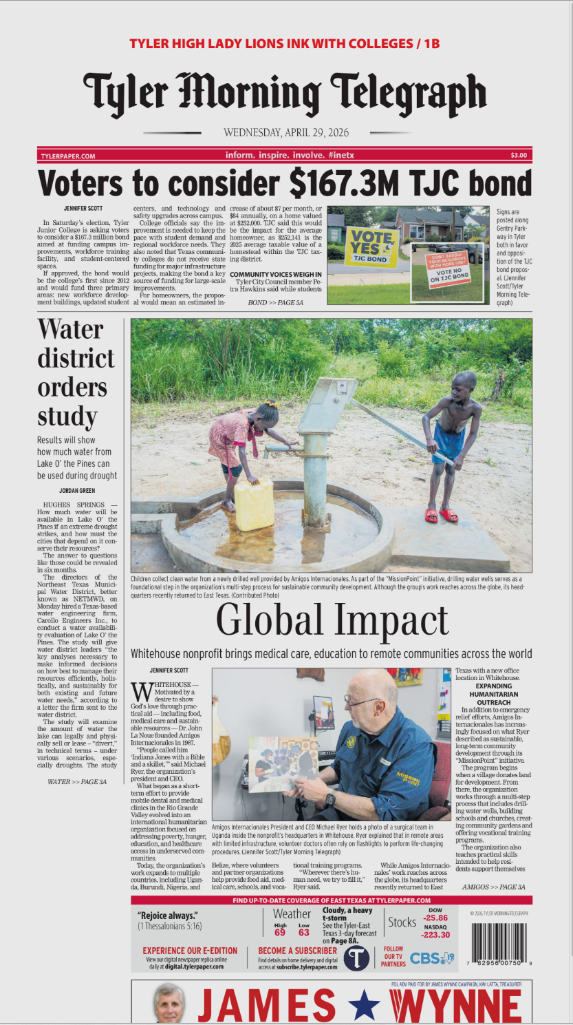 Tyler Morning Telegraph front page with JC bond headline and photos of school children and community scenes