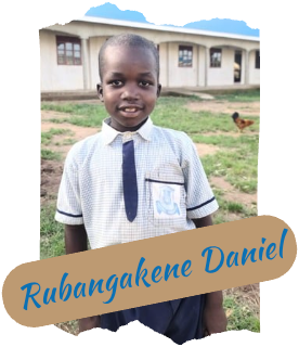 Boy in school uniform smiles in front of a building. Text reads 
