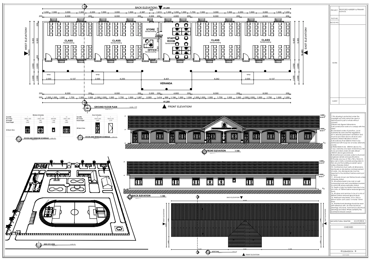 Architectural blueprints of a long building, including a floor plan, elevations, and a site plan with a sports field.