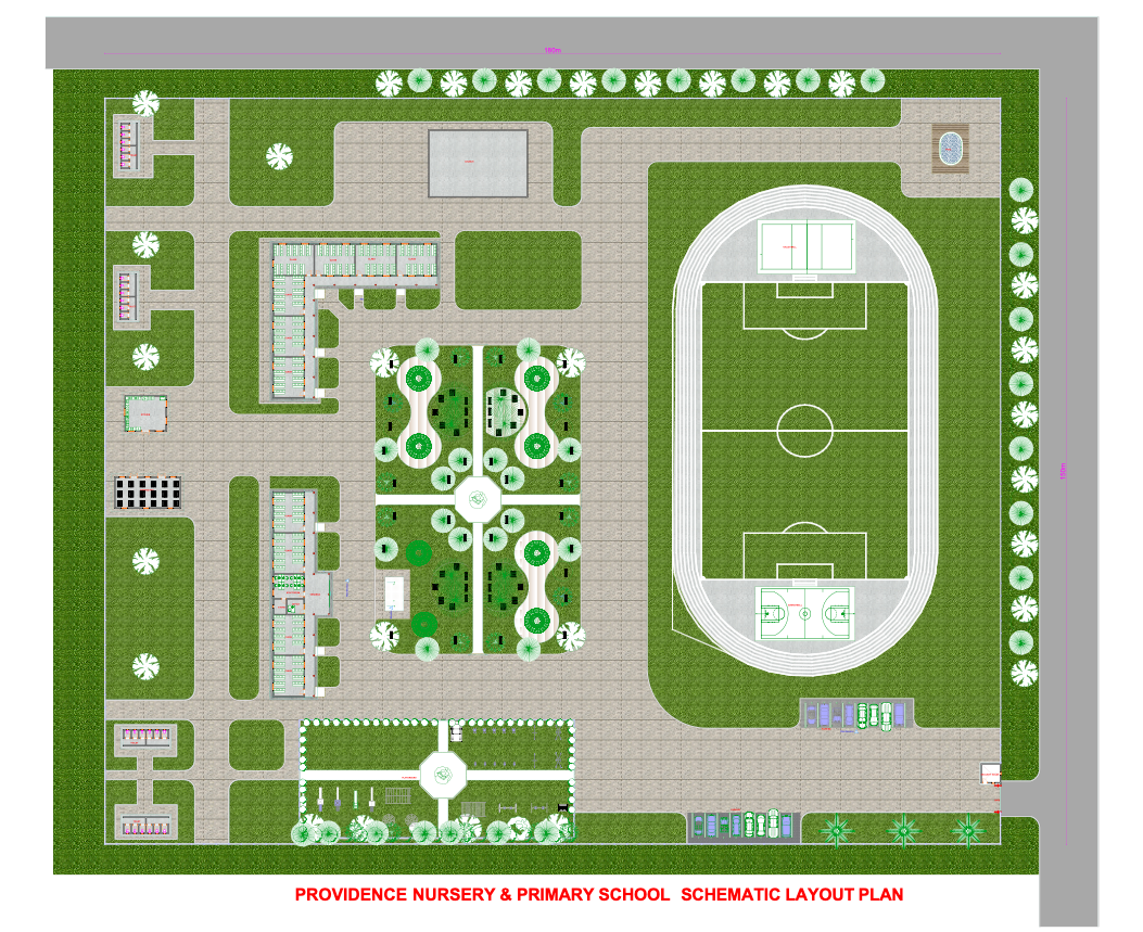 Top-down schematic of a school. Includes a running track, sports field, buildings, gardens, and landscaping.