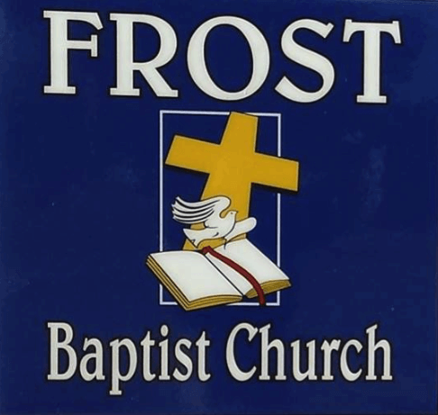 A blue sign for frost baptist church with a cross and bible