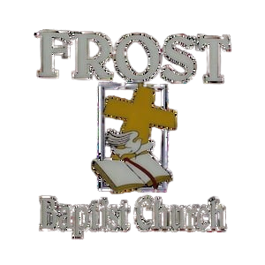 Logo for Frost Baptist Church: gray text, golden cross, open book, dove.