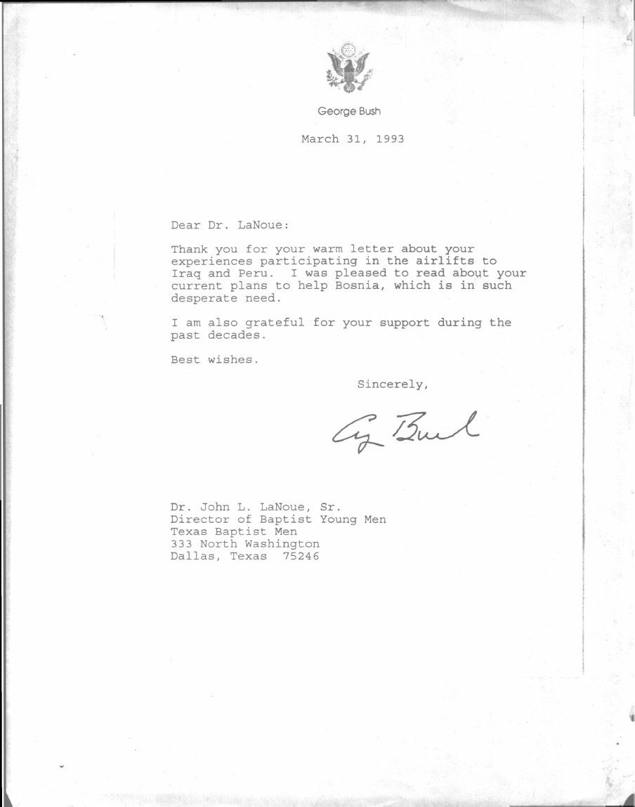Letter from George Bush thanking Amigos for the work we have done globally