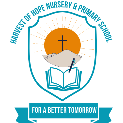 Logo for Harvest of Hope Nursery & Primary School: shield with a sun, cross, book, and pen. Blue and orange colors.